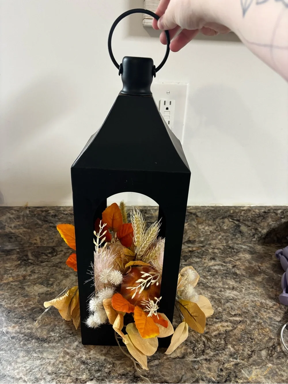 Black Metal Lantern with Autumn Foliage Accent